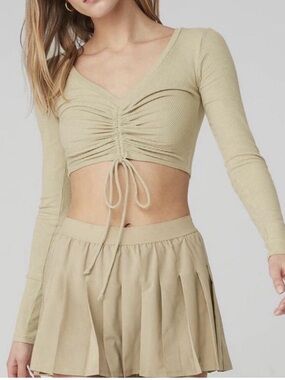 Alo Yoga Ruched Long Sleeve Crop Top in Light Beige